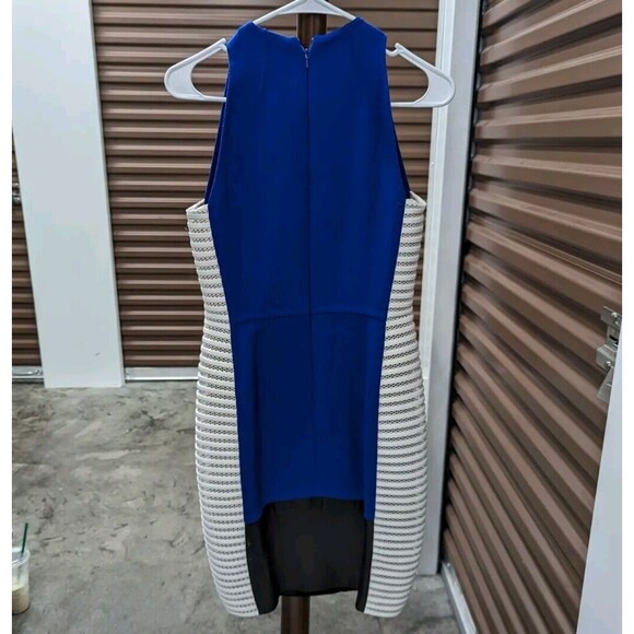 Carmen Marc Valvo Couture Size 6 Blue Colorblock Bodycon Dress Silk Wool Leather - Picture 7 of 9